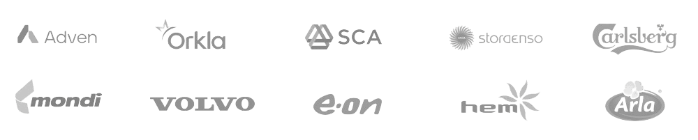 Kundlogos: Adven, Orkla, SCA, Stora Enso, Carlsberg, Mondi, Volvo, E.on, HEM, Arla